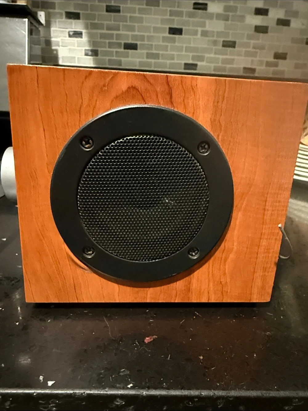 Retro Wood-Frame Wall Clock Radio in Gray and Brown